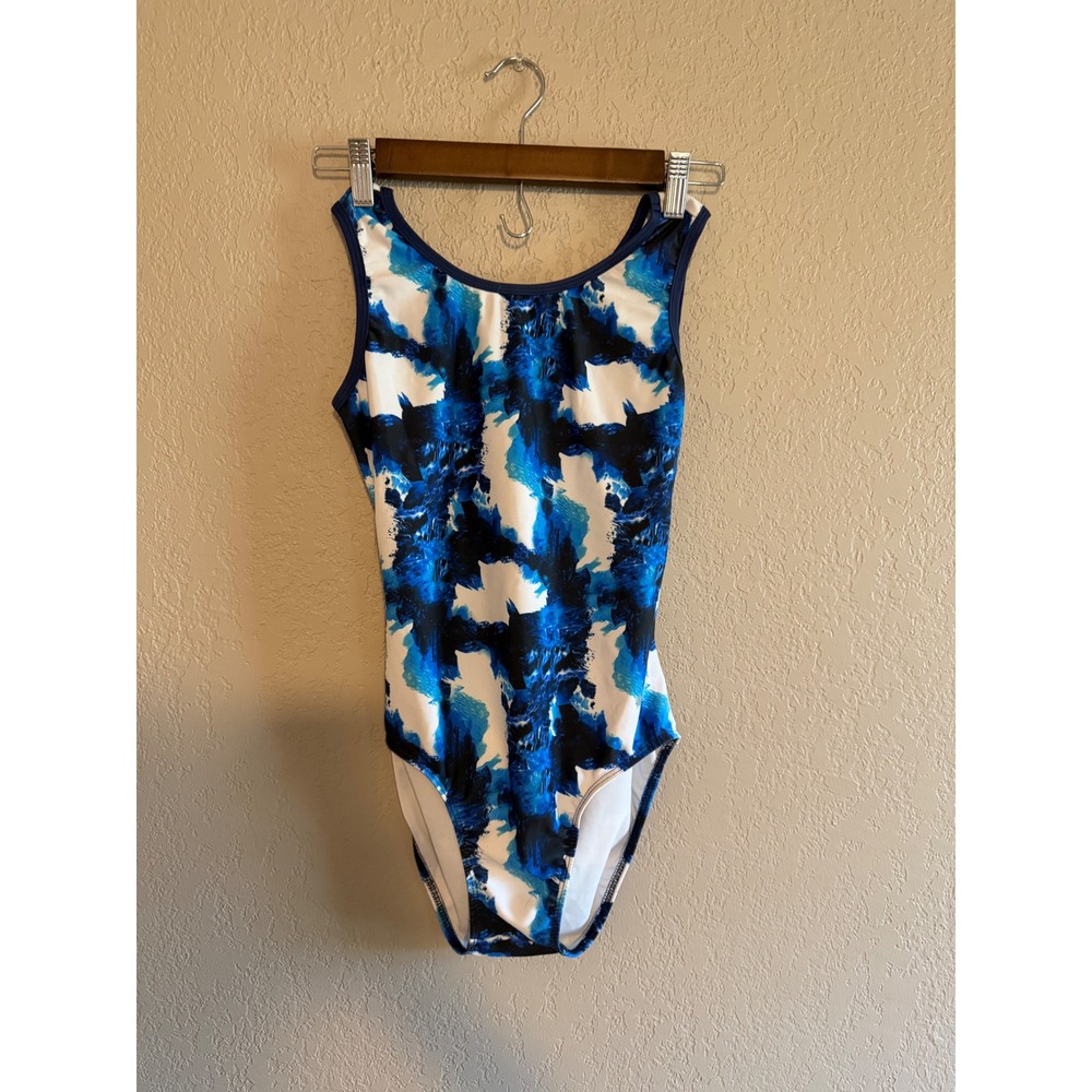 Destira Adult Medium Gymnastics Leotard Blue Abstract Print Mesh Open Back